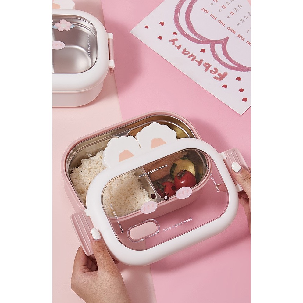 Cutie pentru Pranz sau Gustari, , cu Doua Compartimente, Model Iepuras, pentru Copii si Adulti, Etansare, PP, Perfect pentru Scoala si Birou, 1000 mL, 22x17.8x8 cm, Roz - imagine 4