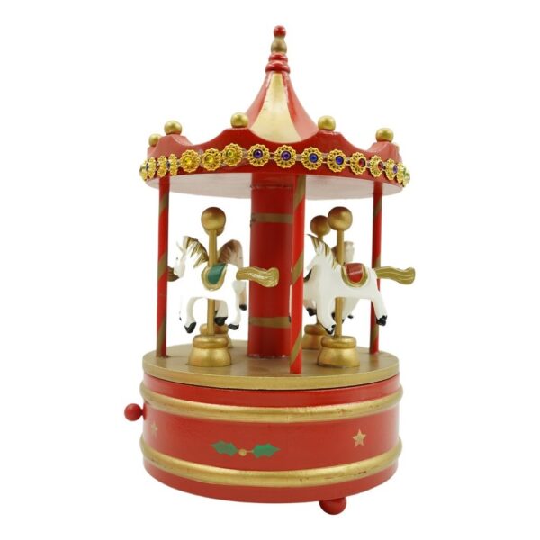 Cutiuta muzicala decorata de Craciun, Carusel rotativ, Rosu, din Lemn, Interior,