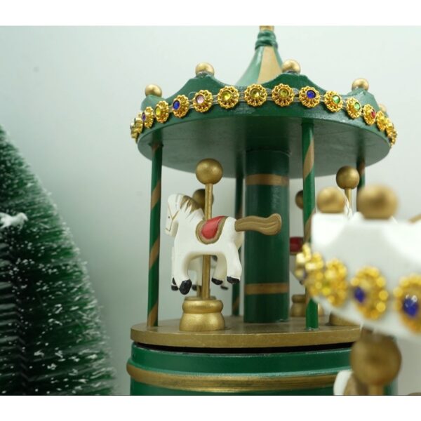 Cutiuta muzicala decorata de Craciun, Carusel rotativ, Verde, din Lemn, Interior, - imagine 4