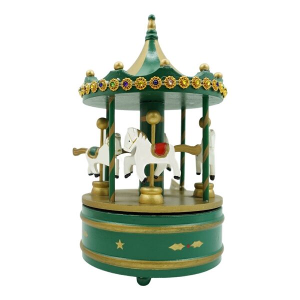 Cutiuta muzicala decorata de Craciun, Carusel rotativ, Verde, din Lemn, Interior,