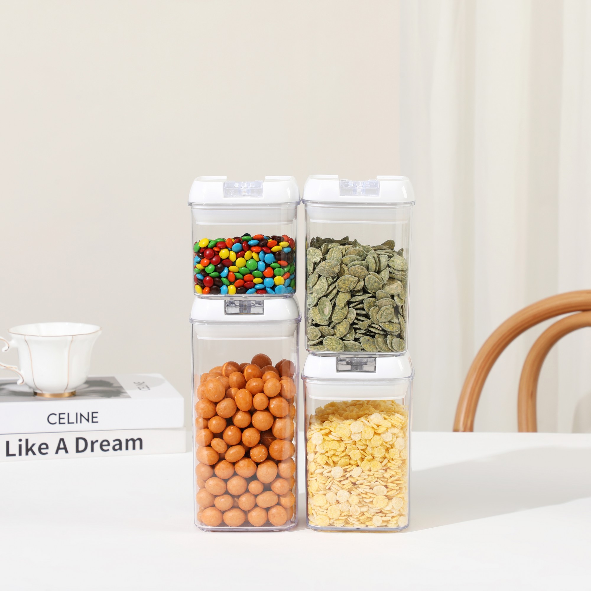 Cuutii de Depozitare Alimente, , Set din 4 Cutii pentru Condimente in Bucatarie, Cutii de tip Container, Diferite Dimensiuni, cu Capac Ermetic, din Plastic PP, Transparent - imagine 3