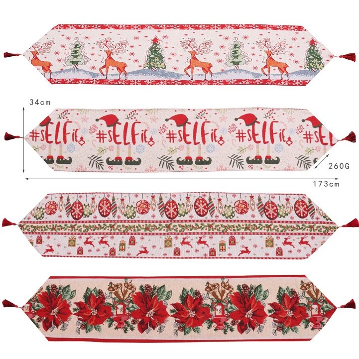 Traversa de Masa pentru Craciun, , Napron, din Material Tricotat cu Tesatura Groasa, Model Globuri, Reni si Cadouri, cu Colt si Ciucure, 173x34x0.2 cm, Alb/ Rosu - imagine 3