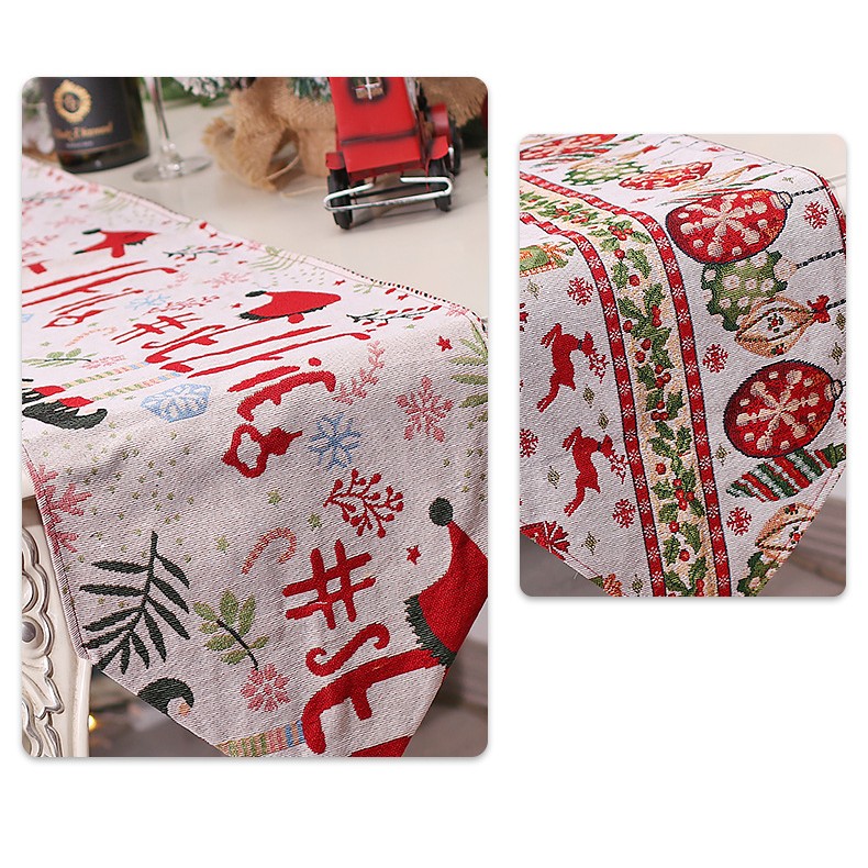 Traversa de Masa pentru Craciun, , Napron, din Material Tricotat cu Tesatura Groasa, Model Globuri, Reni si Cadouri, cu Colt si Ciucure, 173x34x0.2 cm, Alb/ Rosu - imagine 4