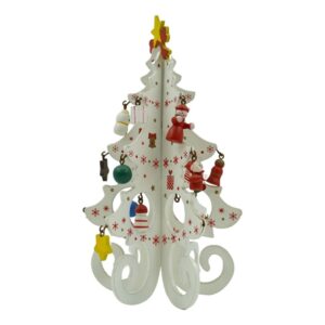 Decoratiune Craciun, Brad, Alb, 6 cavitati cu ornamente, 12 cm x 20 cm, Lemn,