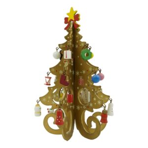 Decoratiune Craciun, Brad, Auriu, 6 cavitati cu ornamente, 12 cm x 20 cm, Lemn,