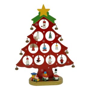 Decoratiune Craciun, Brad, Rosu, 10 cavitati cu ornamente, 20.5 cm x 28 cm, Lemn,