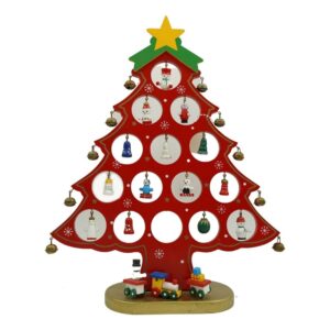 Decoratiune Craciun, Brad, Rosu, 15 cavitati cu ornamente, 25.5 cm x 33 cm, Lemn,