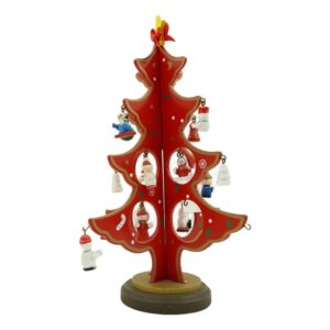 Decoratiune Craciun, Brad, Rosu, 8 cavitati cu ornamente, 18.5 cm x 25 cm, Lemn,