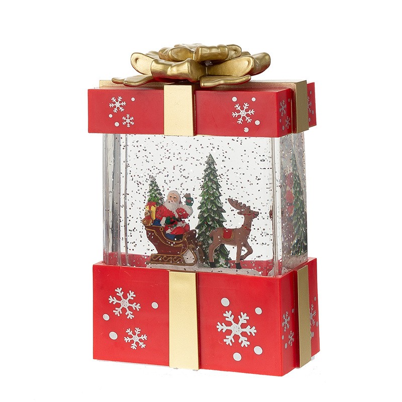 Decoratiune Craciun, Tip Cutie de Cadou, Figurine Mos Craciun cu Sania, 3 Moduri, Functie Muzicala, Zapada in Miscare, Functioneaza Cu Baterii ( 3 x AA neincluse), Cablu USB (Inclus), Model Cadou Rosu - Auriu, 13 x 9 x 19.8 cm, Alb Cald - imagine 3