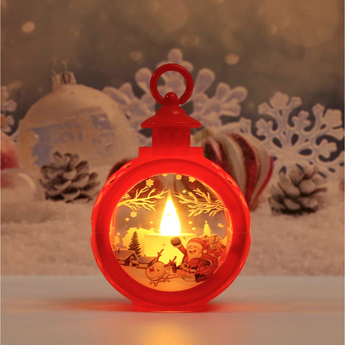 Decoratiune Craciun tip Felinare cu baterii, 13.5 x 9 cm,Lumanare cu geam si inscriptie Mos Craciun cu sanie,lumina alb cald,baterii incluse,Rosu - imagine 2