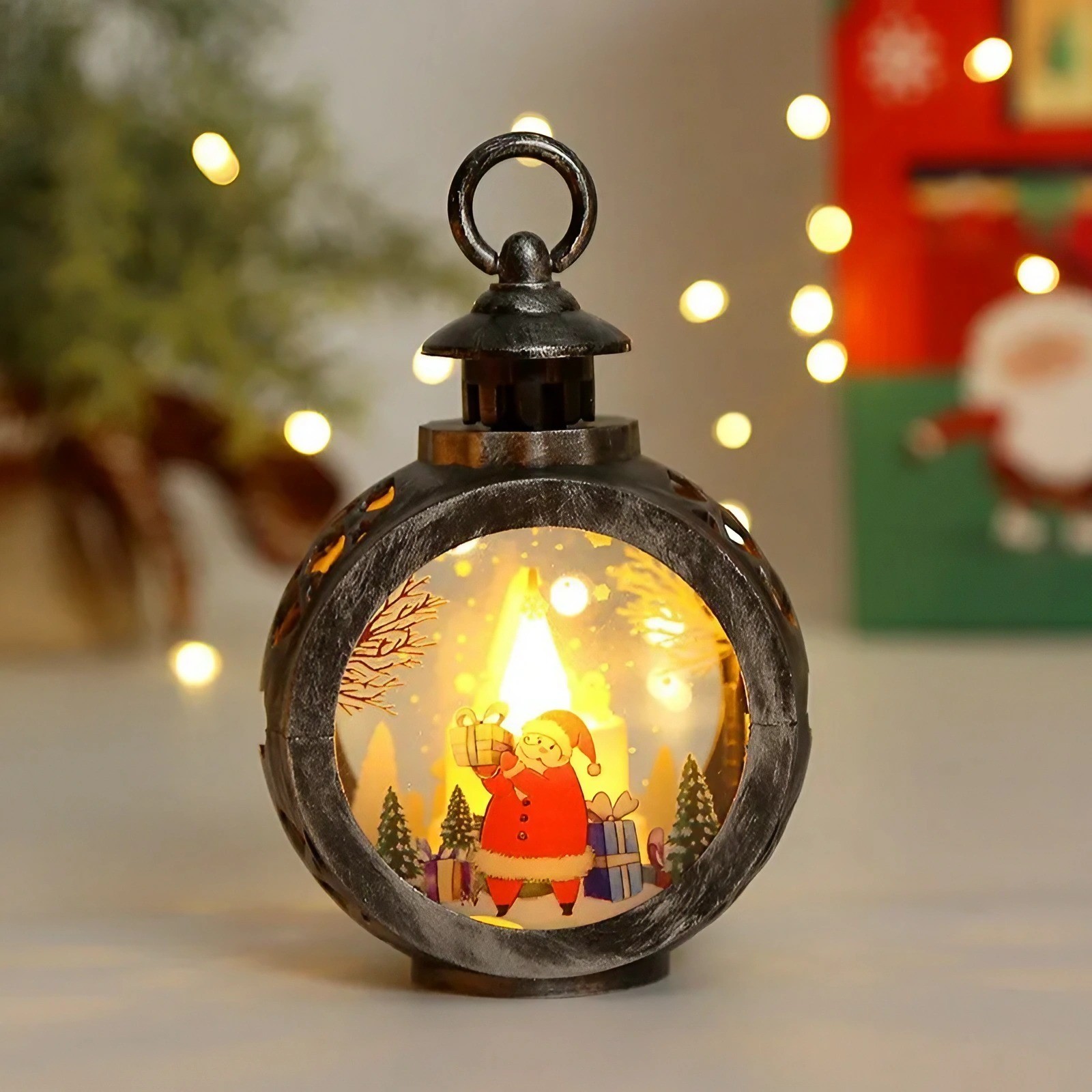 Decoratiune Craciun tip Felinare cu baterii, 13.5 x 9 cm,Lumanare cu geam si inscriptie Mos Craciun,lumina alb cald,baterii incluse,Bronz Argintiu - imagine 3
