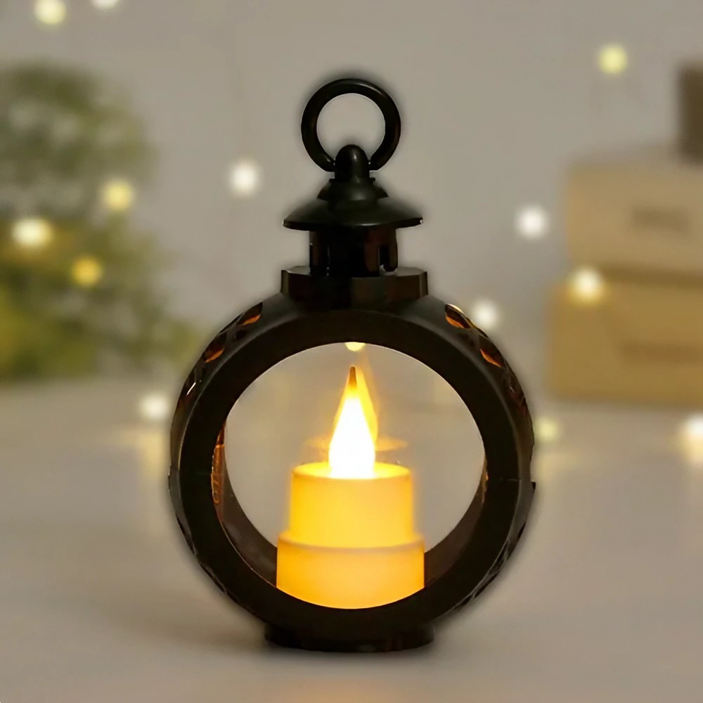 Decoratiune Craciun tip Felinare cu baterii, 13.5 x 9 cm,Lumanare cu lumina alb cald fara geam,baterii incluse,Negru - imagine 2