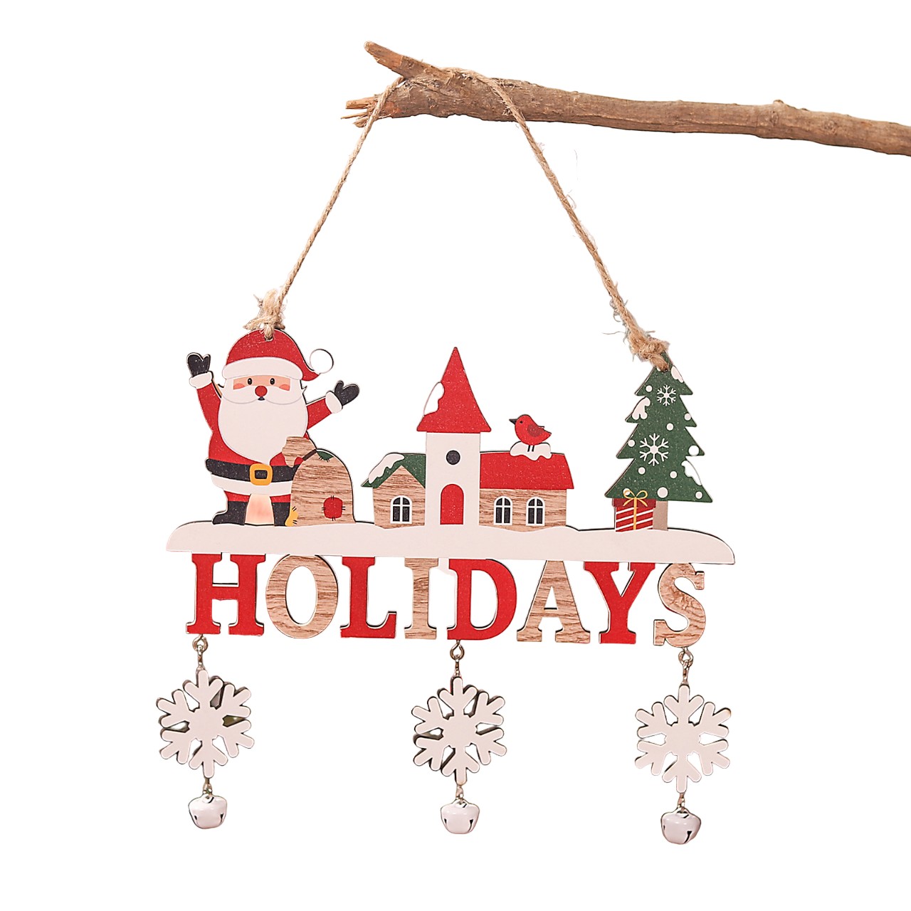 Decoratiune de Craciun din Lemn, , cu Snur pentru Agatare in Brad, Model Mos Craciun, Scris Let It Snow, 21.9x19 cm, Multicolor
