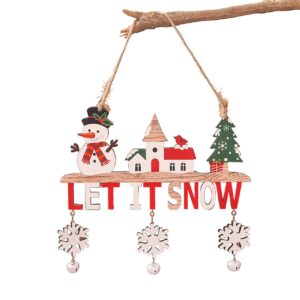 Decoratiune de Craciun din Lemn, , cu Snur pentru Agatare in Brad, Model Om de Zapada, Scris Let It Snow, 21.9x19 cm, Multicolor