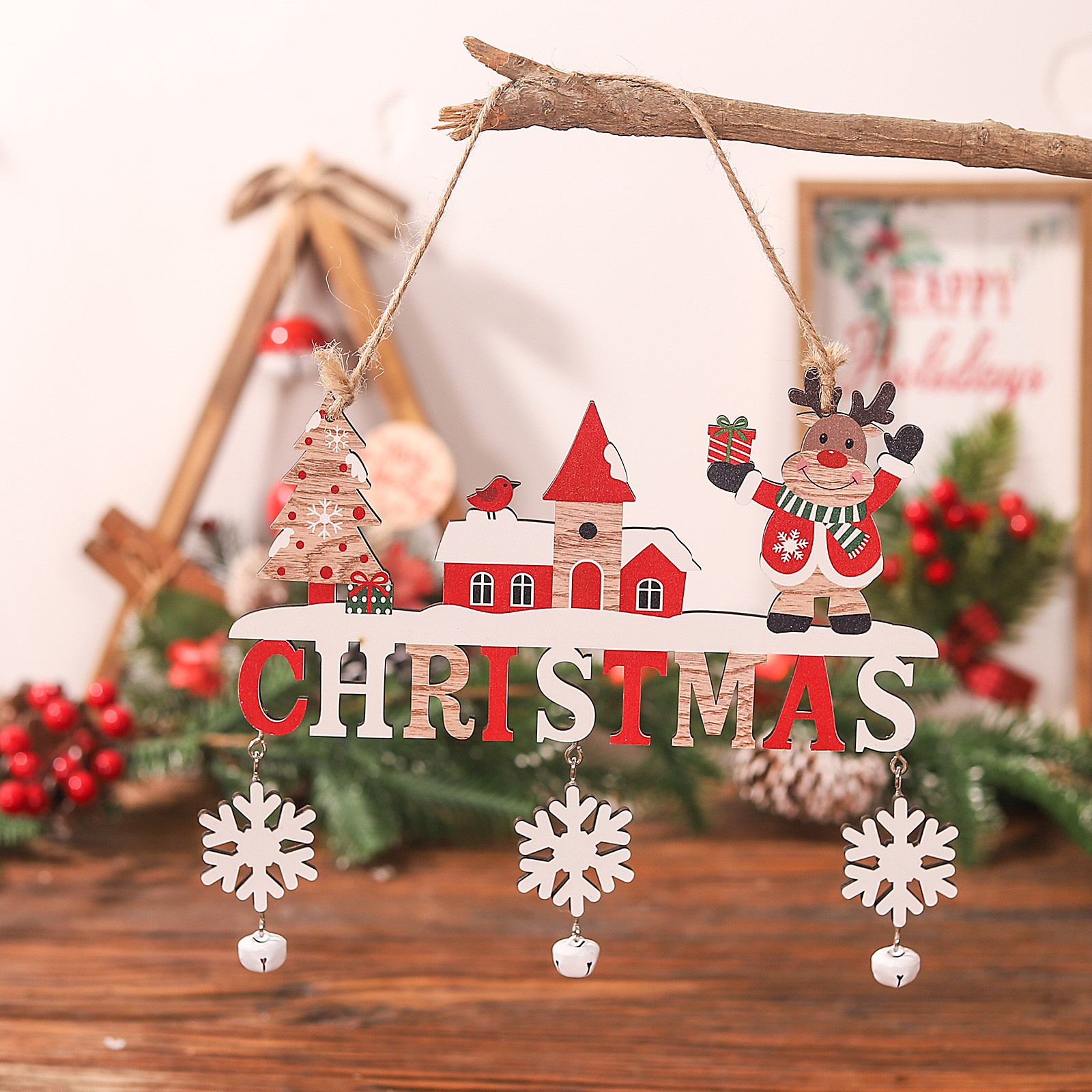 Decoratiune de Craciun din Lemn, , cu Snur pentru Agatare in Brad, Model Ren, Scris Let It Snow, 21.9x19 cm, Multicolor - imagine 3