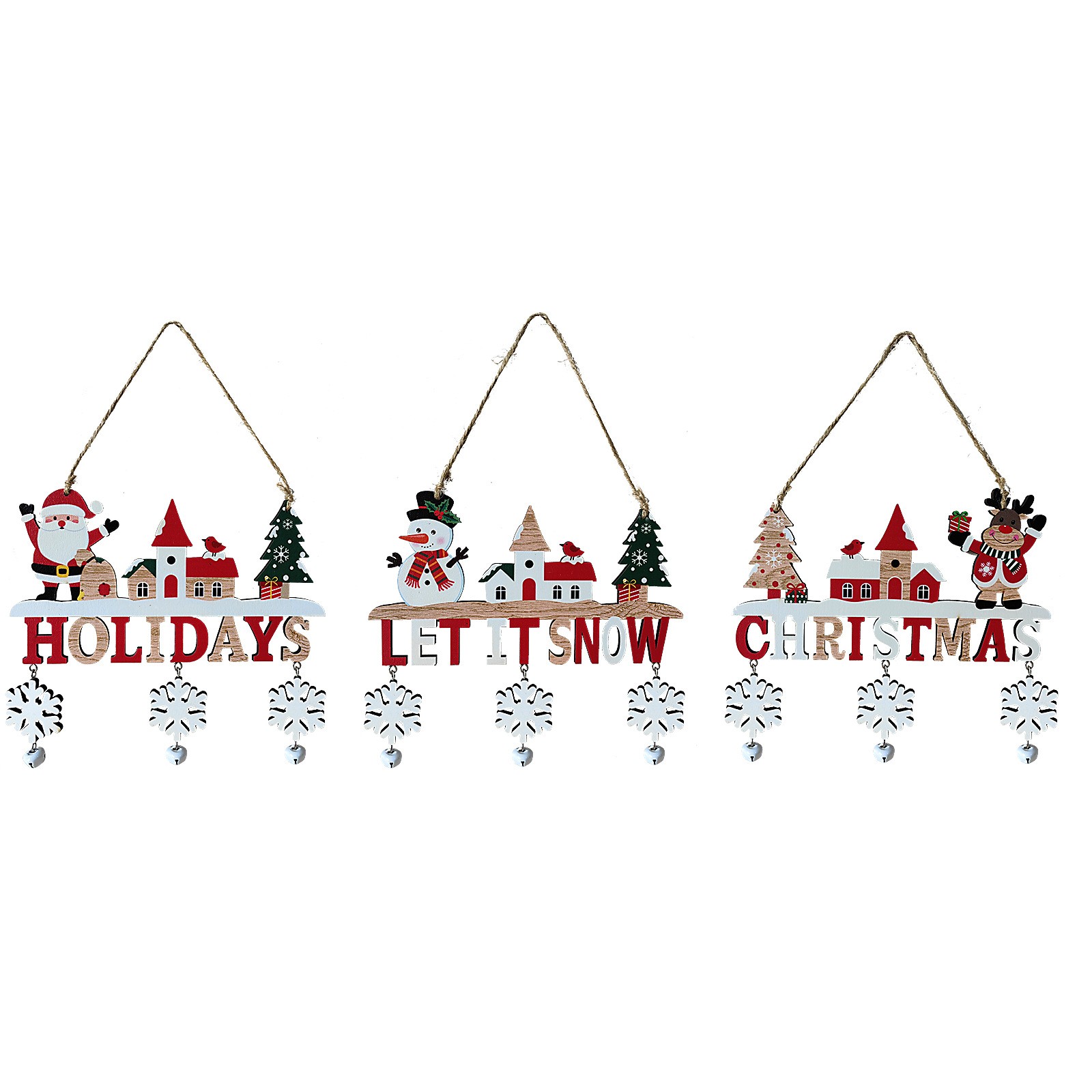 Decoratiune de Craciun din Lemn, , cu Snur pentru Agatare in Brad, Model Ren, Scris Let It Snow, 21.9x19 cm, Multicolor - imagine 4