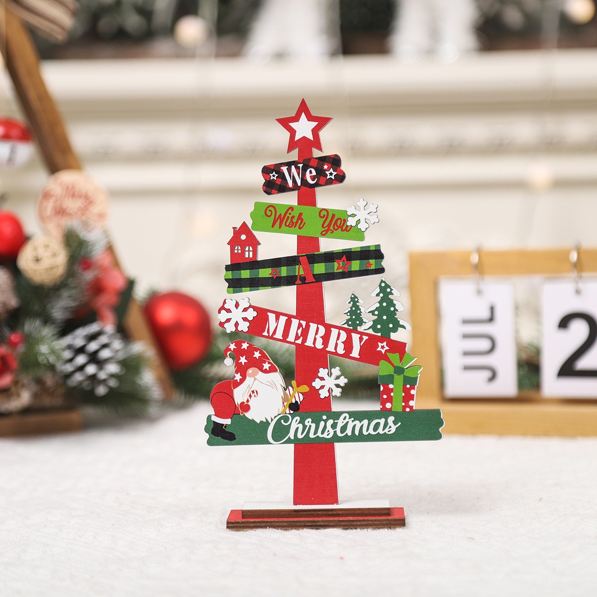 Decoratiune de Craciun din Lemn, , pentru Masa, Model Bradut, Scris We Wish You A Merry Christmas, 21.5x12.2x4 cm, Multicolor - imagine 4