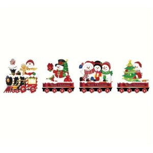 Decoratiune de Craciun, , pentru Gradina, Tip Trenulet, 4 Figurine + Bete de Infipt in Pamant, din Plastic, Impermeabil, Model Oameni de Zapada, Multicolor