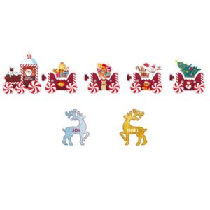 Decoratiune de Craciun, , pentru Gradina, Tip Trenulet, 7 Figurine + Bete de Infipt in Pamant, din Plastic, Impermeabil, Model Renii Joy si Noel, Multicolor