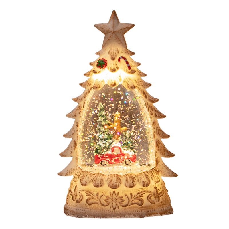 Decoratiune de Craciun tip Brad, , Glob de Cristal cu Fulgi de Zapada, Model Masinuta cu Brad, Iluminare LED, 16 x 9 x 5 cm, Carcasa Vintage Bej, Transparent