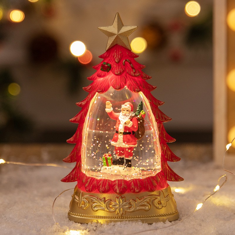 Decoratiune de Craciun tip Brad, , Glob de Cristal cu Fulgi de Zapada, Model Mos Craciun, Iluminare LED, 16 x 9 x 5 cm, Carcasa Vintage Rosu, Transparent - imagine 2
