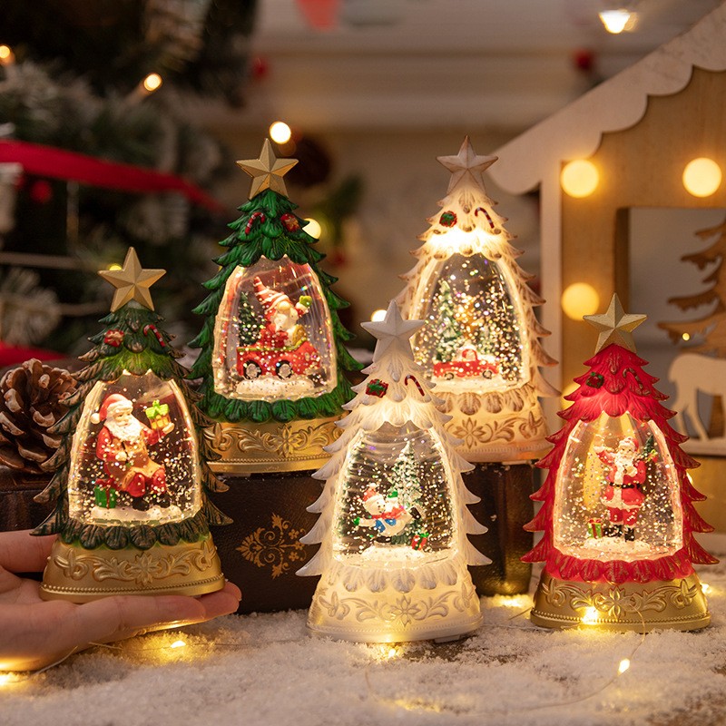 Decoratiune de Craciun tip Brad, , Glob de Cristal cu Fulgi de Zapada, Model Mos Craciun, Iluminare LED, 16 x 9 x 5 cm, Carcasa Vintage Rosu, Transparent - imagine 3