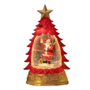 Decoratiune de Craciun tip Brad, , Glob de Cristal cu Fulgi de Zapada, Model Mos Craciun, Iluminare LED, 16 x 9 x 5 cm, Carcasa Vintage Rosu, Transparent
