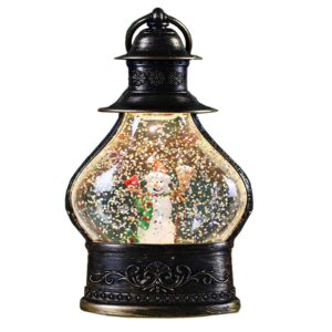 Decoratiune de Craciun tip Felinar, , Glob de Cristal cu Fulgi de Zapada, Model Om de Zapada, Ornamentat cu Luminite Interioare, 14.5 x 9 x 3 cm, Rama Neagra, Transparent