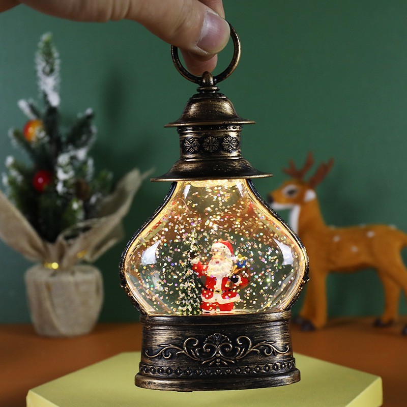 Decoratiune de Craciun tip Felinar, , Glob de Cristal cu Fulgi de Zapada, Model Mos Craciun, Ornamentat cu Luminite Interioare, 14.5 x 9 x 3 cm, Rama Neagra, Transparent - imagine 2