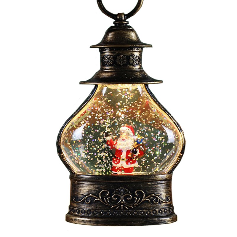 Decoratiune de Craciun tip Felinar, , Glob de Cristal cu Fulgi de Zapada, Model Mos Craciun, Ornamentat cu Luminite Interioare, 14.5 x 9 x 3 cm, Rama Neagra, Transparent