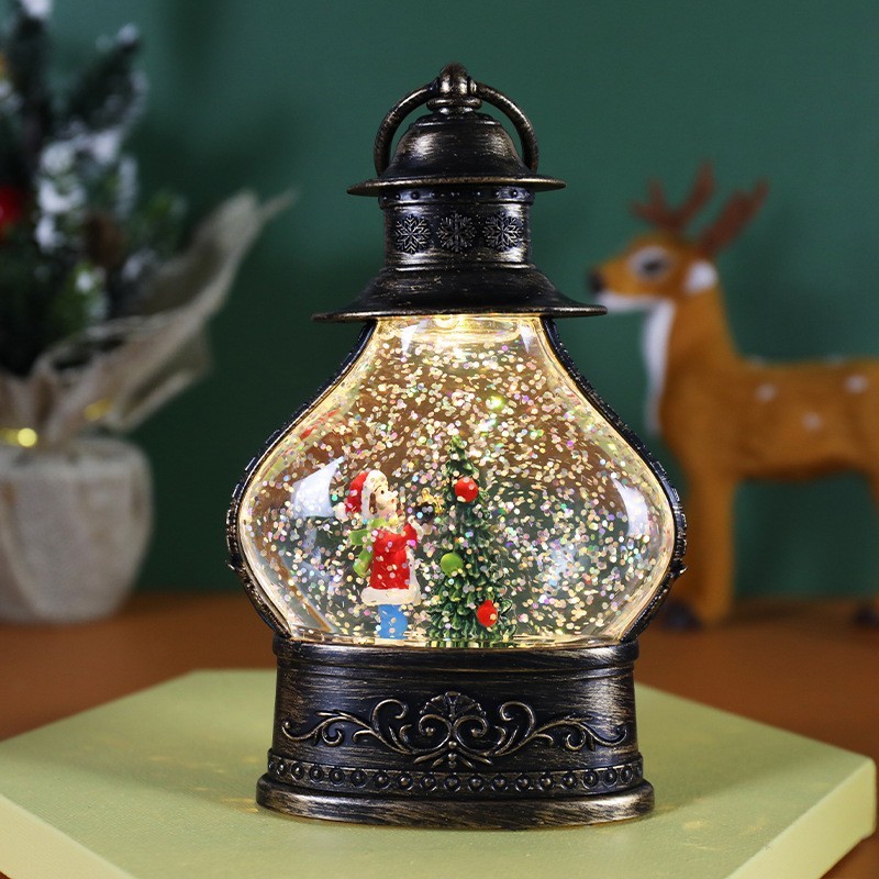 Decoratiune de Craciun tip Felinar, , Glob de Cristal cu Fulgi de Zapada, Model Elf, Ornamentat cu Luminite Interioare, 14.5 x 9 x 3 cm, Rama Neagra, Transparent - imagine 2