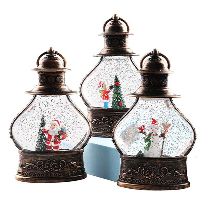 Decoratiune de Craciun tip Felinar, , Glob de Cristal cu Fulgi de Zapada, Model Elf, Ornamentat cu Luminite Interioare, 14.5 x 9 x 3 cm, Rama Neagra, Transparent - imagine 3