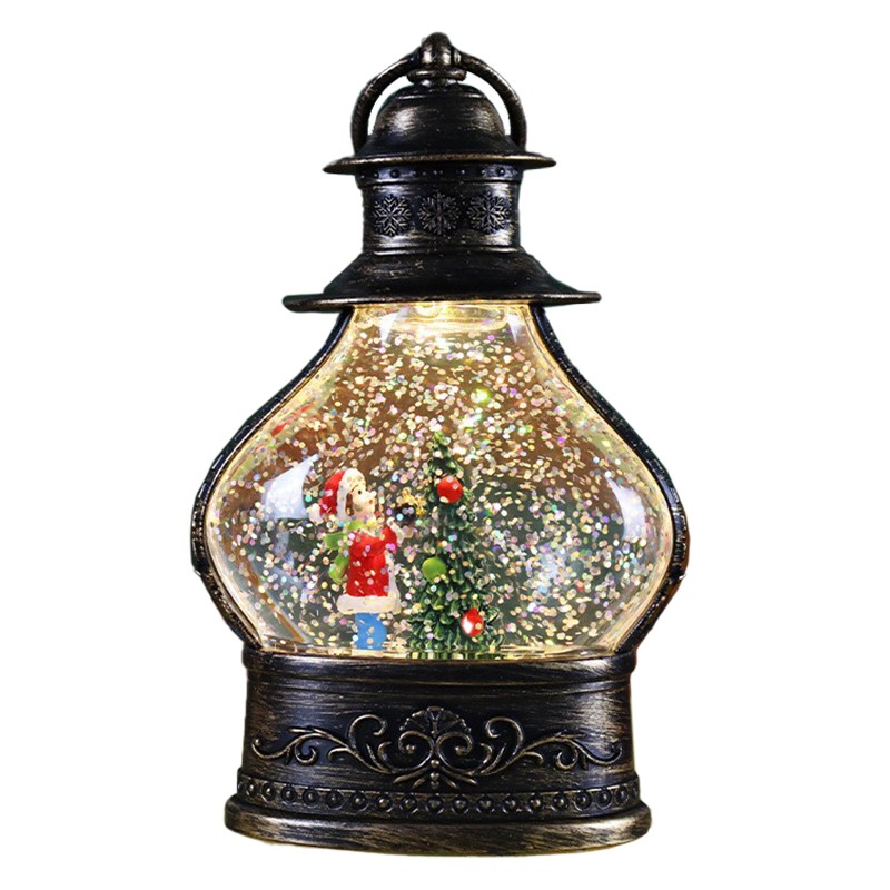 Decoratiune de Craciun tip Felinar, , Glob de Cristal cu Fulgi de Zapada, Model Elf, Ornamentat cu Luminite Interioare, 14.5 x 9 x 3 cm, Rama Neagra, Transparent