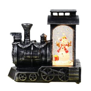 Decoratiune de Craciun tip Locomotiva, , Glob de Cristal cu Fulgi de Zapada, Model Om de Zapada, Iluminare LED, 11.5 x 12.5 x 6 cm, Carcasa Vintage Bronze, Transparent