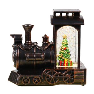 Decoratiune de Craciun tip Locomotiva, , Glob de Cristal cu Fulgi de Zapada, Model Pom de Craciun, Iluminare LED, 11.5 x 12.5 x 6 cm, Carcasa Vintage Bronze, Transparent