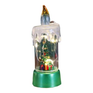 Decoratiune de Craciun tip Lumanare, , Lumanare de Cristal fara Fulgi de Zapada, Model Brad, Iluminare LED, 13 x 5 x 5 cm, Baza Verde, Transparent