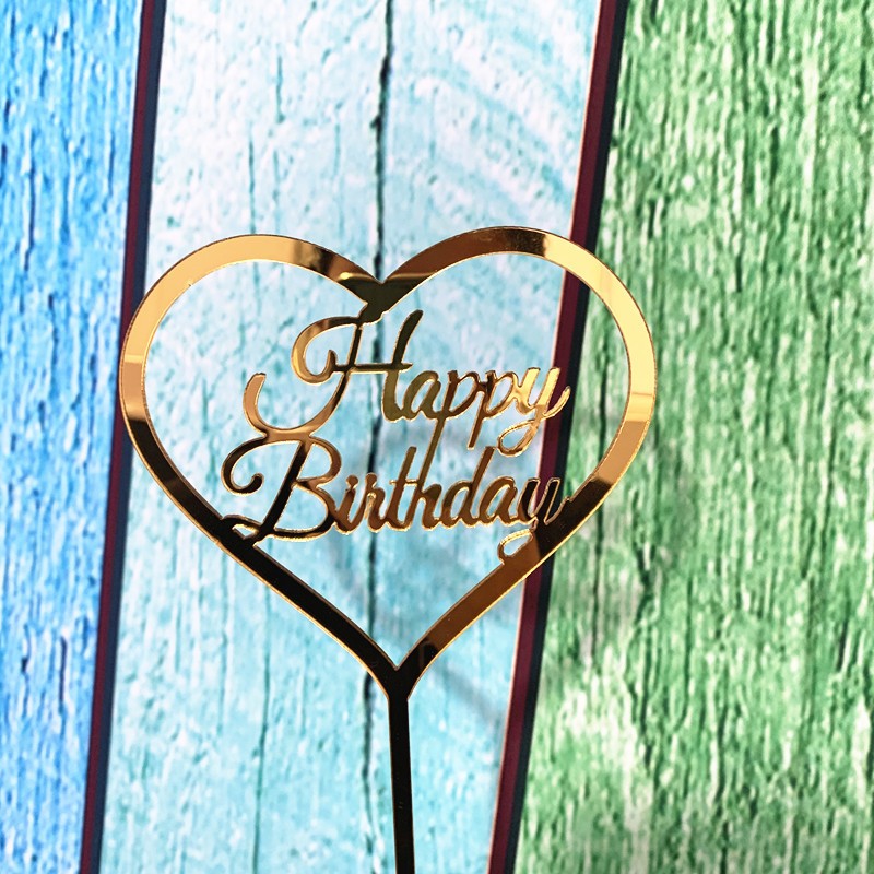 Decoratiune Topper pentru Tort, , Model Inimioara Scris Happy Birthday, Tematica Aniversare, Auriu - imagine 3