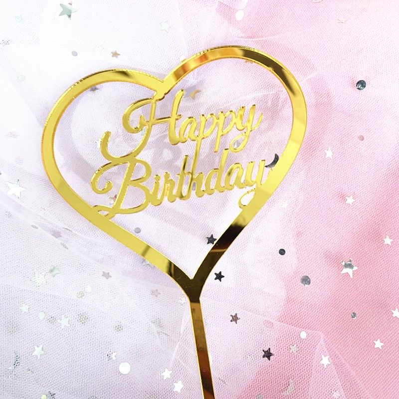 Decoratiune Topper pentru Tort, , Model Inimioara Scris Happy Birthday, Tematica Aniversare, Auriu - imagine 4