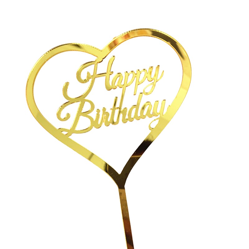 Decoratiune Topper pentru Tort, , Model Inimioara Scris Happy Birthday, Tematica Aniversare, Auriu
