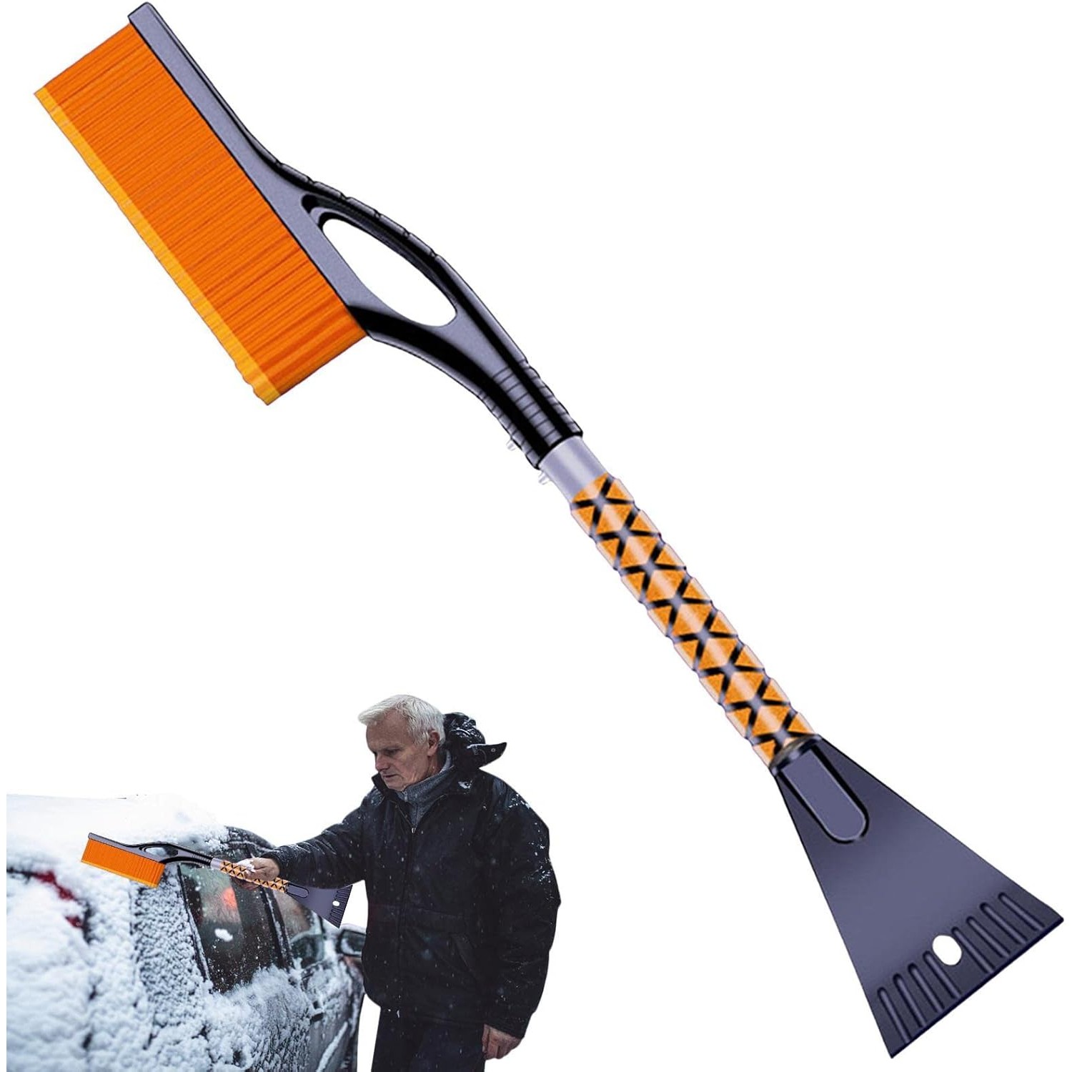 Perie de Zapada cu Racleta pentru Masina, , Multifunctionala, Demontabila, cu Maner Antiderapant, Aluminiu, Plastic, Fragmentarea Ghetii de pe Parbriz, Solutia pentru Iarna, pentru Dezghetare, 68x24x11.1 cm, Portocaliu - imagine 3
