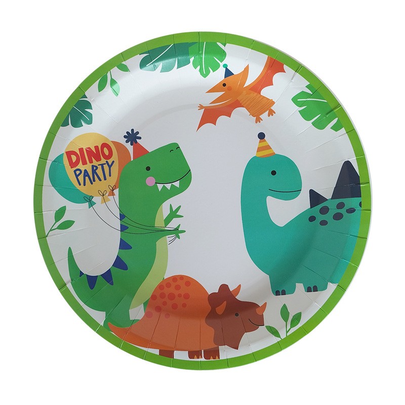 Set 10 Farfurii de Carton Happy Birthday, , 23 cm, Tematica Aniversare, Model Dinozauri, Multicolor