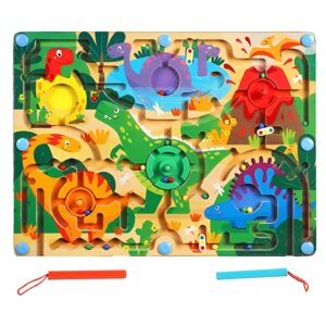 Joc Montessori de Sortare Culori, , Creion Magnetic, Tip Labirint Ilustrat, din Lemn, Model Dinozauri, 39x29x1.5 cm