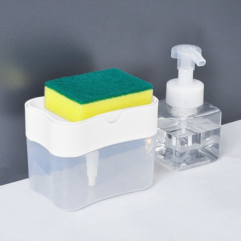 Dozator , Dispenser 2 in 1 pentru Detergent Lichid de Vase sau pentru Obiecte Sanitare cu Suport pentru Burete de Bucatarie ,14 x 10.5 x 10 cm, capacitate 380 ml, alb - imagine 4