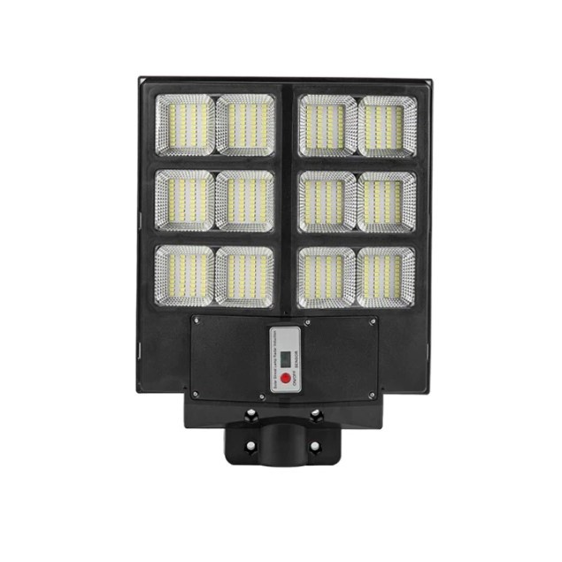 Lampa solara stradala , cu telecomanda, senzor de miscare si lumina, suport prindere, 480 LED-uri, IP65, ABS, 15AH, 300W, temperatura culoare 6500K, 44.6x34.8x7.2 cm, autonomie 10-12 ore, negru