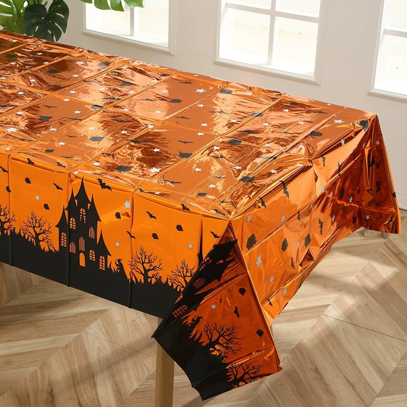 Fata de Masa, , din Folie, Imprimeu Halloween - Casa Bantuita, 137 x 274 cm, Portocaliu - imagine 4
