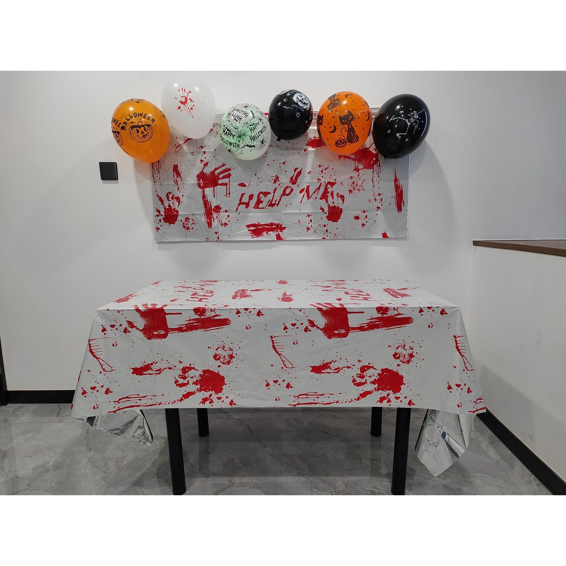 Fata de Masa, , din Folie, Imprimeu Halloween - Help Me, 137 x 183 cm, Alb/Rosu - imagine 2