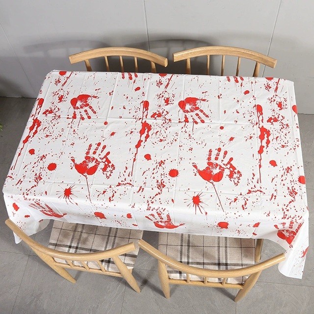 Fata de Masa, , din Folie, Imprimeu Halloween - Help Me, 137 x 183 cm, Alb/Rosu - imagine 3