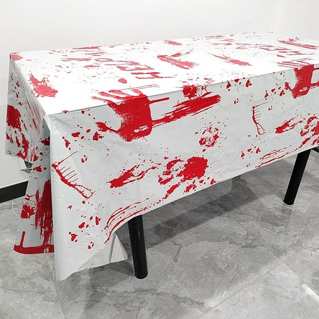 Fata de Masa, , din Folie, Imprimeu Halloween - Help Me, 137 x 274 cm, Alb/Rosu - imagine 2