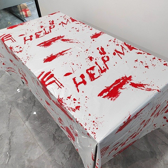 Fata de Masa, , din Folie, Imprimeu Halloween - Help Me, 137 x 274 cm, Alb/Rosu - imagine 3