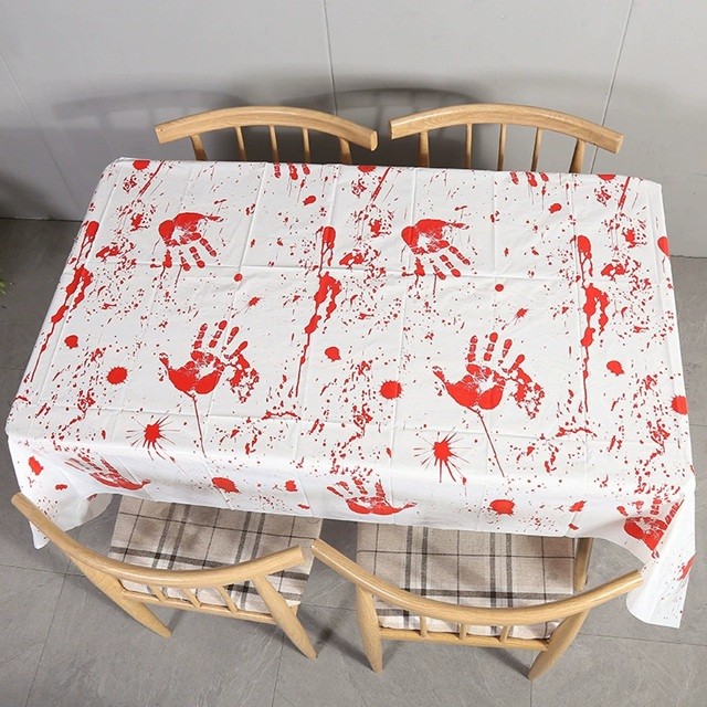 Fata de Masa, , din Folie, Imprimeu Halloween - Help Me, 137 x 274 cm, Alb/Rosu - imagine 4